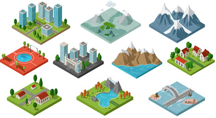 Isometric mini worlds: cityscapes, nature, mountains, and bridges