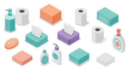 Obraz na płótnie Canvas Isometric bathroom essentials collection featuring soap dispensers and tissue boxes
