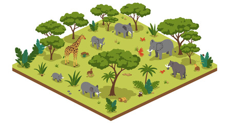 Isometric african savanna with elephants and giraffe in lush greenery