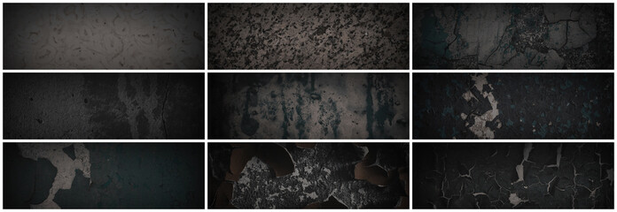 Set of dark panoramic background textures. Collection of wide textures with peeling paint, cracks,...