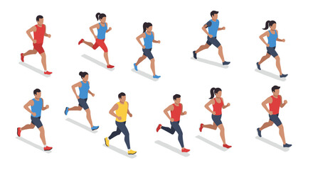 Diverse group of runners in motion captured in isometric style