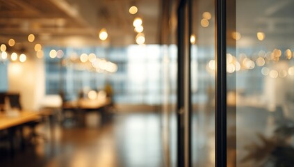 Blurred office interior background with a blurred door and glass wall, blurry bokeh light effect for a business concept design. High-quality photo, taken with a telephoto lens in realistic daylight.