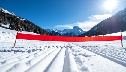 Red barrier on snowy track blocking access to a freshly groomed ski trail in a sunny alpine mountain landscape with blue sky.