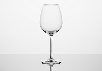 Fototapeta premium Elegant, empty wine glass with a long stem, reflecting on a glossy surface, isolated against a white background.