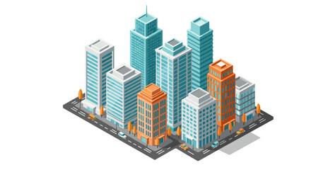 Modern isometric cityscape with skyscrapers and streets in autumn colors