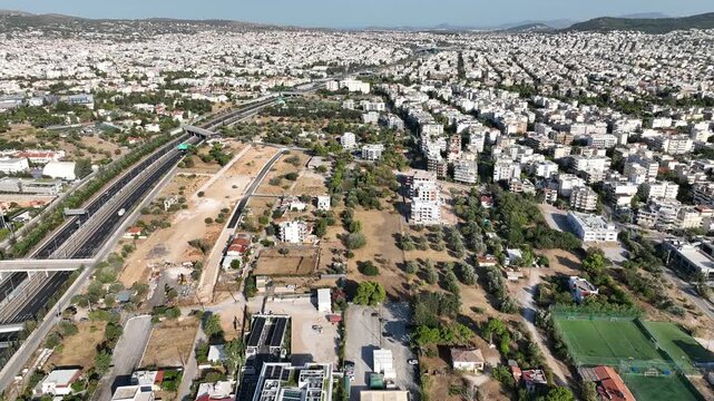 Flying over the residential area in Marousi in the north of Athens, Greece
