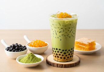 Matcha Bubble Tea with Golden Tapioca Pearls and Honeycomb on Wooden Table