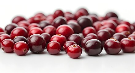 Close-up of fresh cranberries on a white surface with a shallow depth of field.