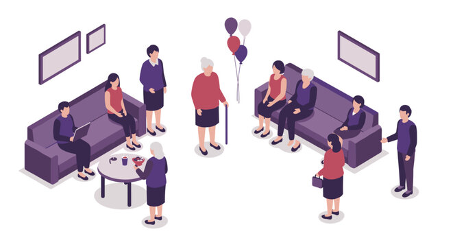 Isometric gathering of people in a living room setting with balloons and conversation
