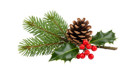 Festive christmas arrangement of pine cones holly and berries Isolated on transparent background