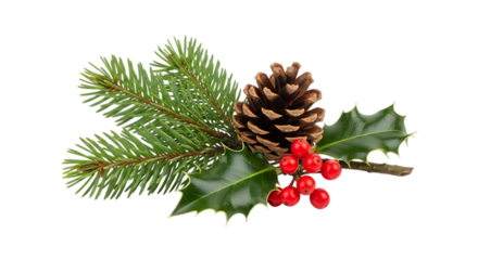 Festive christmas arrangement of pine cones holly and berries Isolated on transparent background