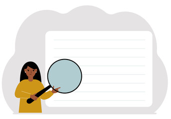 A woman holds a large loupe or magnifying glass in his hands.