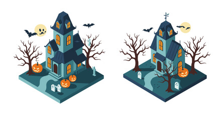 Spooky haunted houses with pumpkins and ghosts in isometric design for halloween