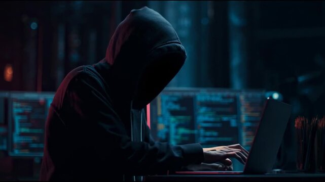 Darkness hacker and focused on the screen, blends into a world of data security and encrypted commands.