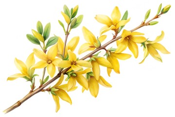 Watercolor Painting of a Forsythia Branch with Yellow Flowers and Green Leaves
