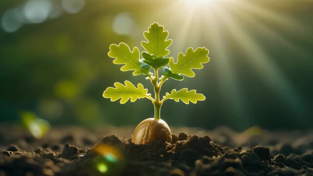 Timelapse of an oak seed sprouting and growing into a young tree seedling