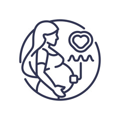 Line art icon of a pregnant woman with a fetal heart rate monitor. Symbolizes prenatal care, connected health, and remote pregnancy monitoring for mother and baby's well-being.