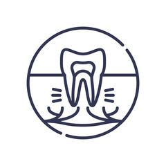 Line icon of a tooth cross-section showing its roots near nerve endings in the jaw. Symbolizes dental nerve proximity, tooth sensitivity, endodontics, and oral surgery diagnostics.