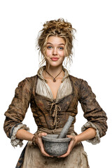 Playful woman in rustic peasant dress holding mortar and pestle, humorous herbalist portrait with vintage charm, dirty textured outfit and expressive face, white background