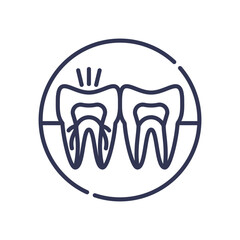 Obraz premium Icon of molars with intricate root anatomy, one showing signs of pain. Symbolizes complex endodontic issues, toothache, and the challenges of treating complex root canal systems.