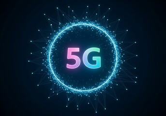 Futuristic 5g technology symbol glowing neon circle with digital particles abstract background