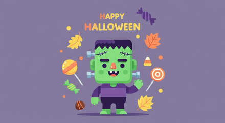 Fototapeta premium Happy Halloween cartoon illustration of Frankenstein and candy with autumn leaves, perfect for spooky season decorations and festive celebrations