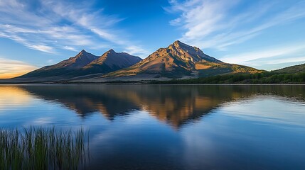 Obraz premium Spectacular mountain range reflecting perfectly in a calm, glassy lake at sunrise