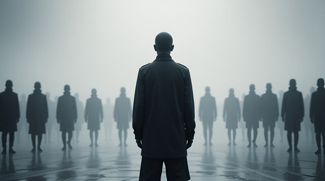 solitary figure stands sharply focused against backdrop of blurred indistinct individuals emphasizing stark contrast