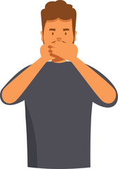 Cartoon illustration of a man covering his mouth, symbolizing silence, censorship, or keeping a secret