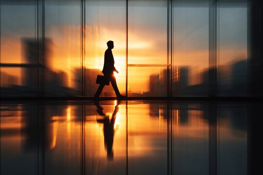 Silhouette Figure Walking in Modern Office at Sunset with Motion Blur, motion blur Business concept, motion bokeh background. High quality - Powered by Adobe