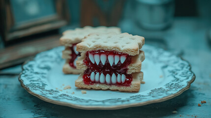 Food for halloween party, Vampire fang cookies with red jelly filling in a playful design.