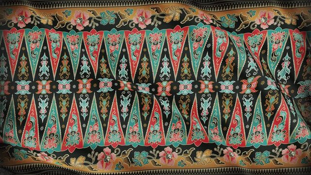 Seamless animation of batik tenun songket betawi pattern waving like a flag. Traditional Indonesian batik tenun songket motif with ethnic ornament, cultural textile design, heritage background.