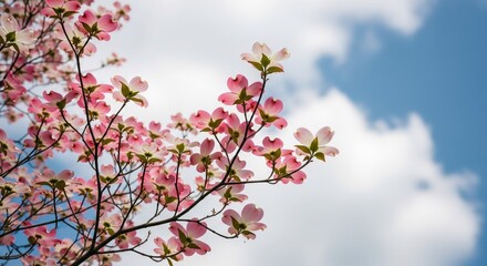 Delicate pink flowers bloom on a tree branch against a bright blue sky dotted with puffy white clouds