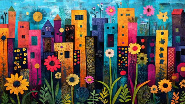 Fototapeta Patchwork pop art mural with vibrant graffiti flowers, abstract plant leaves and seamless ethnic motifs, 3D digital illustration of cultural garden painting for creative modern decorative backgrounds