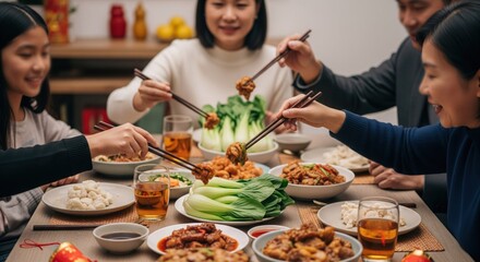 Family sharing a meal with chopsticks