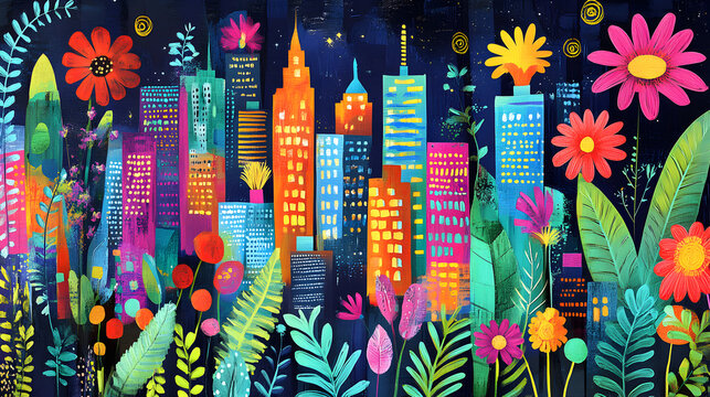 Fototapeta Abstract floral graffiti pop art background, colorful patchwork design with ethnic motifs, seamless plant leaf pattern, traditional culture inspired 3D digital illustration of nature-inspired artwork