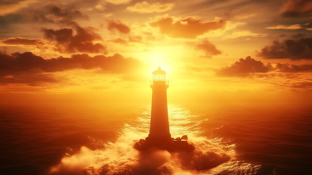 A majestic lighthouse beacon shining brightly during a dramatic golden ocean sunset