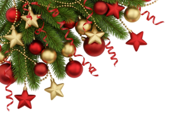 Festive christmas holiday corner decoration with baubles stars and spruce branches Isolated on transparent background