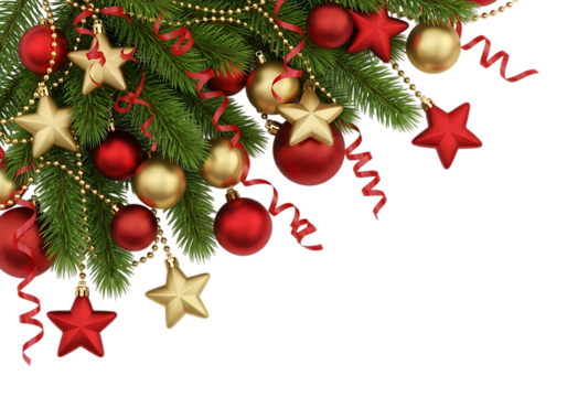 Festive christmas holiday corner decoration with baubles stars and spruce branches Isolated on transparent background