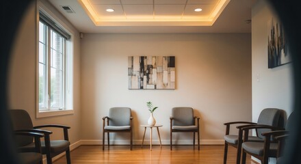 Fototapeta premium A bright, modern waiting room with comfortable chairs, a small table, and artwork