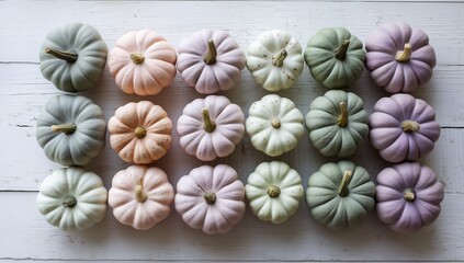 Colorful pastel mini pumpkins in soft muted tones on white wooden background, stylish autumn composition perfect for Thanksgiving, fall decor, and seasonal holiday marketing visuals.
