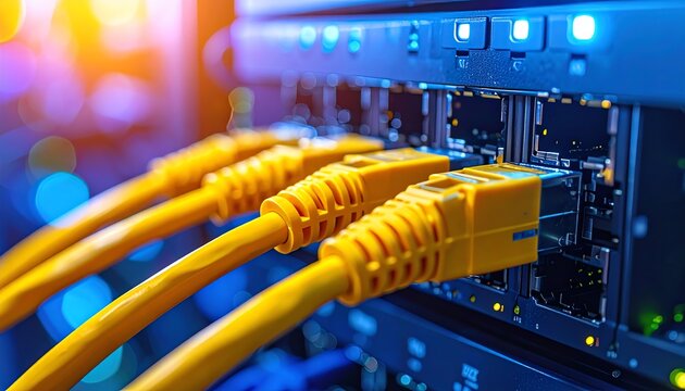 Network cables plugged into switch ports, glowing indicator lights, high-speed data transfer, essential for modern information technology infrastructure and secure internet connections.