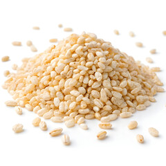 Heap of puffed rice isolated on white background, showcasing its light, airy texture and common