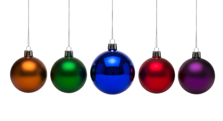 Five hanging christmas ornaments in various colors Isolated on transparent background