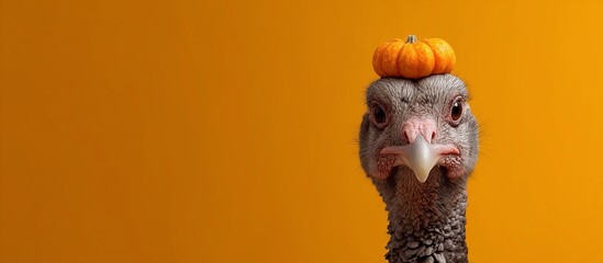 Funny turkey with small pumpkin on its head over bright orange background, perfect for Thanksgiving, autumn holiday ads, festive greeting cards, and seasonal marketing visuals.