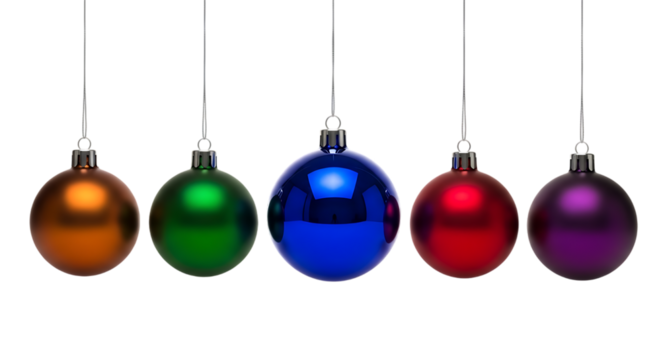 Five hanging christmas ornaments in various colors Isolated on transparent background