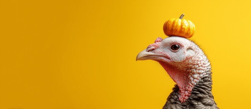 Funny turkey with a tiny pumpkin on its head over bright yellow background, ideal for Thanksgiving, autumn holiday ads, festive greeting cards, and seasonal marketing visuals.