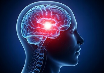 Obraz premium Close-up of a human head showing a glowing red area within the brain highlighting a neurological event or health issue