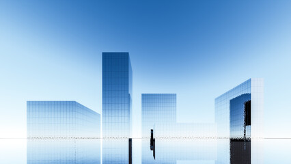 Futuristic Minimalist Glass Skyscrapers Reflecting on Water. 3d rendering