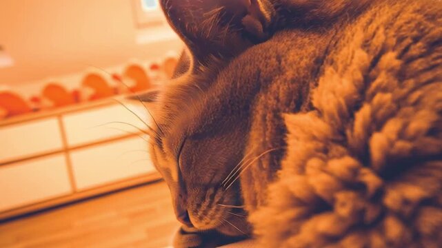 Soft tabby cat sleeping curled on wooden floor with soft fur and gentle body language conveying calm cozy contentment domestic pet